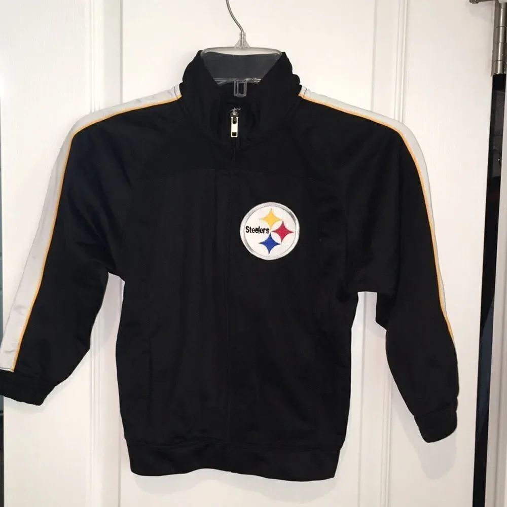 Black NFL Pittsburgh Steelers Reebok old school kids boys sewn letter jacket M